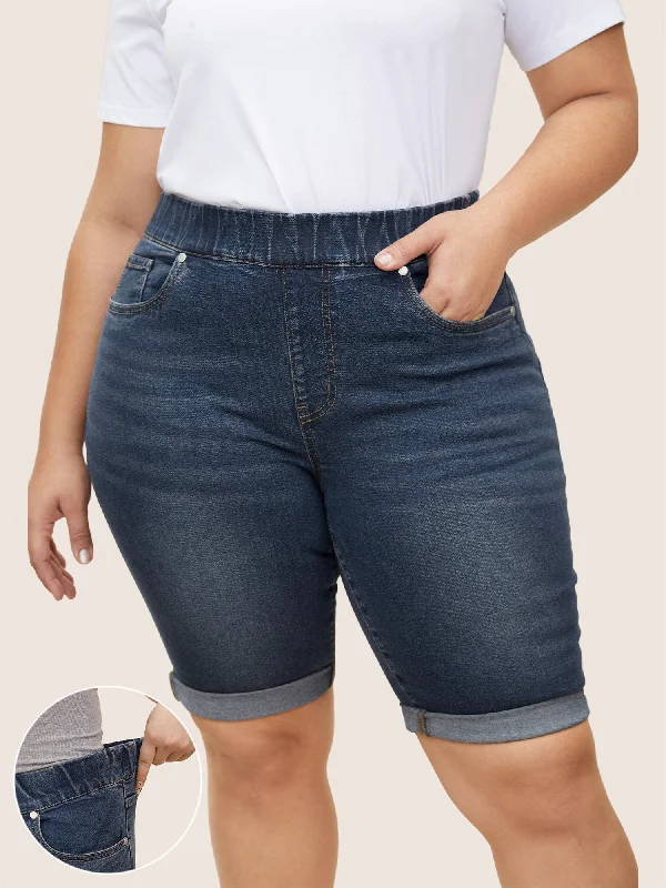 Roll Hem Elastic Waist Dark Wash Denim Shorts