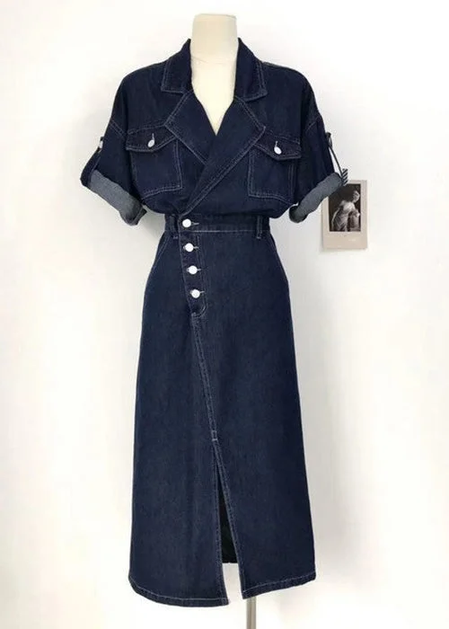 New Denim Blue Button Side Open Denim Dress Summer