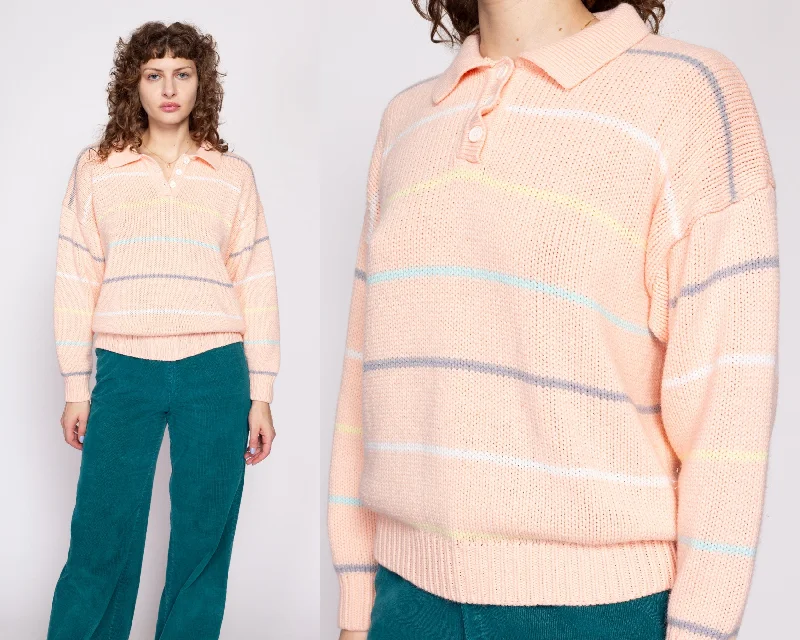 80s Striped Pastel Orange Henley Sweater - Medium