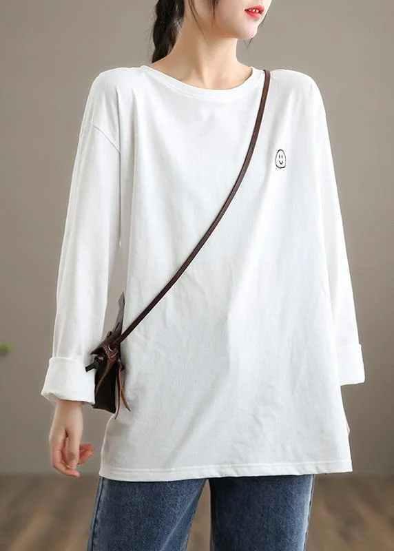 Elegant O Neck Linen Spring Blouse Fabrics White Smiling Face Blouse