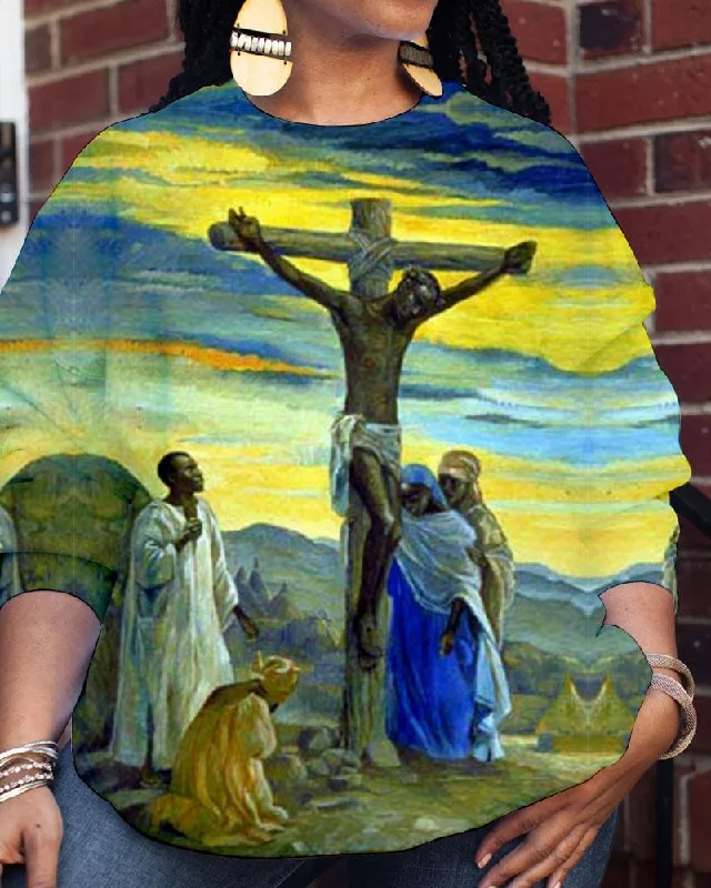 Women's Christian Black Jesus Crucifixion Illustration Print Crew Neck Sweatershirts