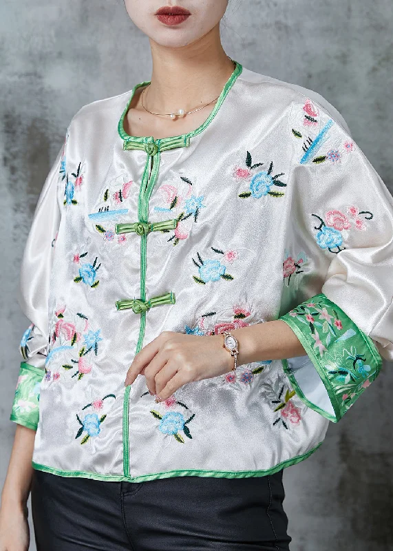 Chinese Style White Embroidered Silk Coat Outwear Spring