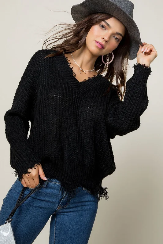 Frayed Zig Zag Sweater, Black