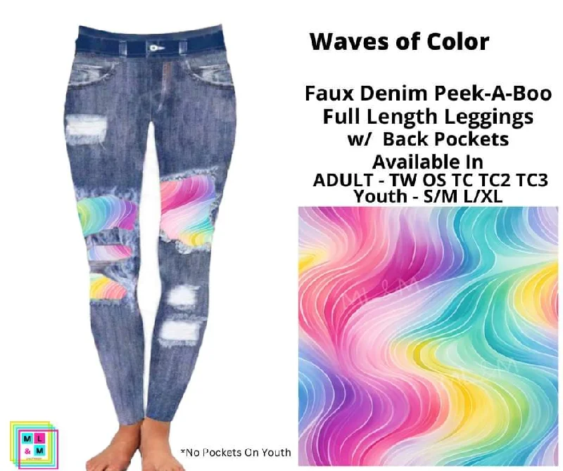 Waves of Color Faux Denim Full Length Peekaboo Leggings