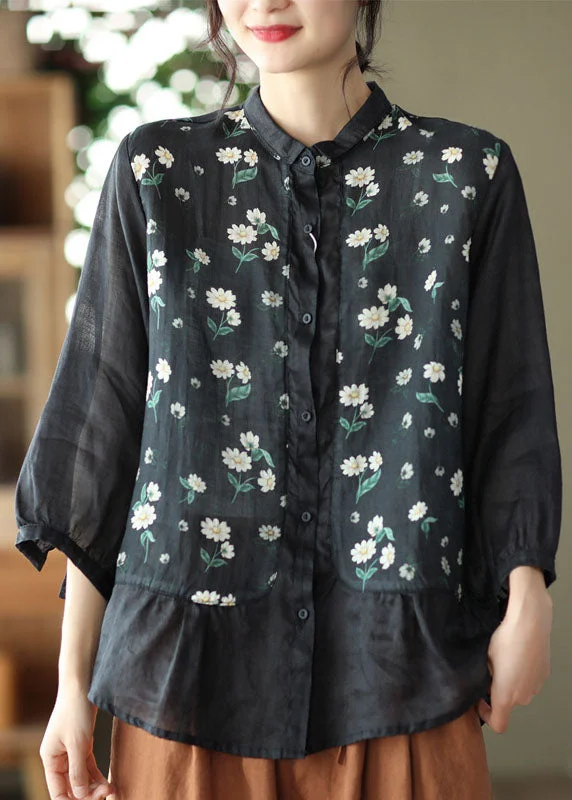 Fashion Black Print Patchwork Linen Shirt Three Quarter sleeve