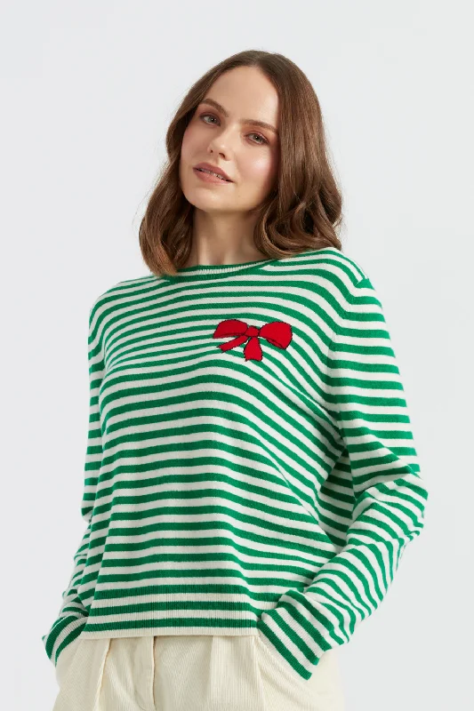 Green Wool-Cashmere Bow Breton Sweater