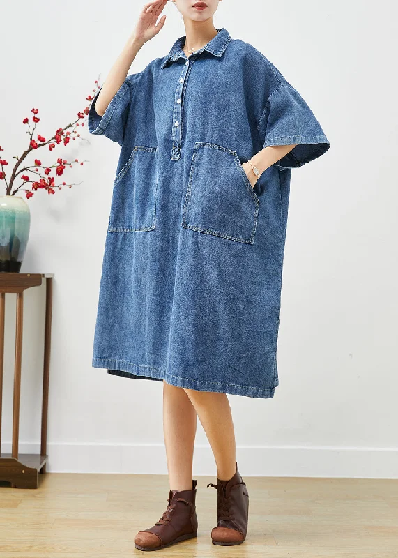 Stylish Blue Oversized Pockets Denim Holiday Dress Fall