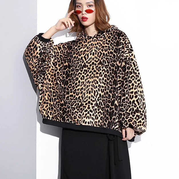 fashion Leopard t shirt Loose fitting hooded clothing tops fine Batwing Sleeve tops