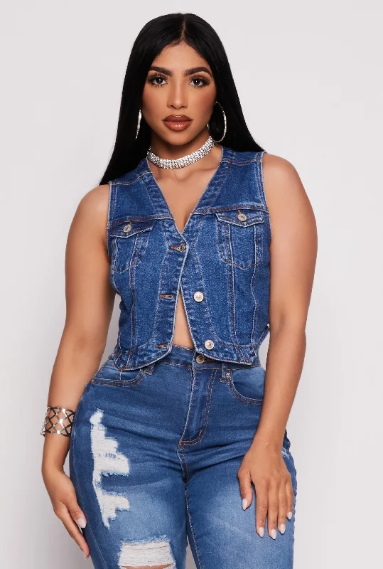 WAX Denim Button Front Cropped Vest