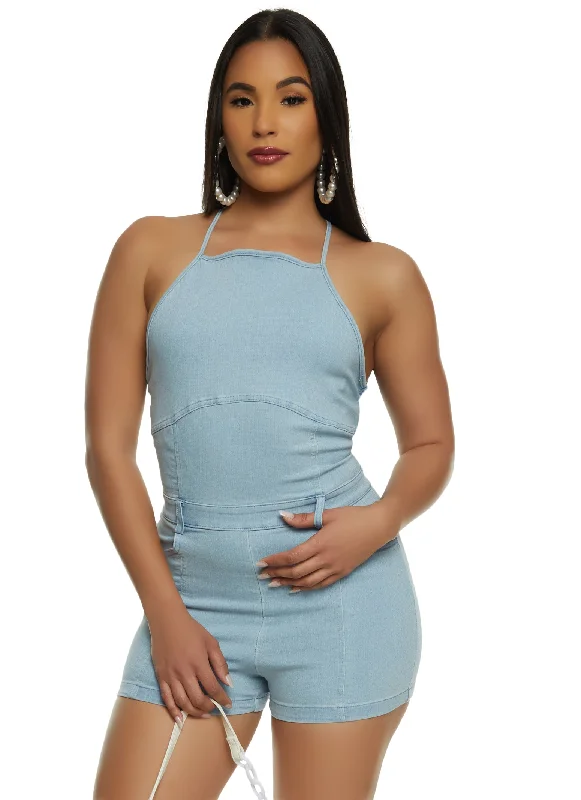 Sleeveless Halter Denim Romper