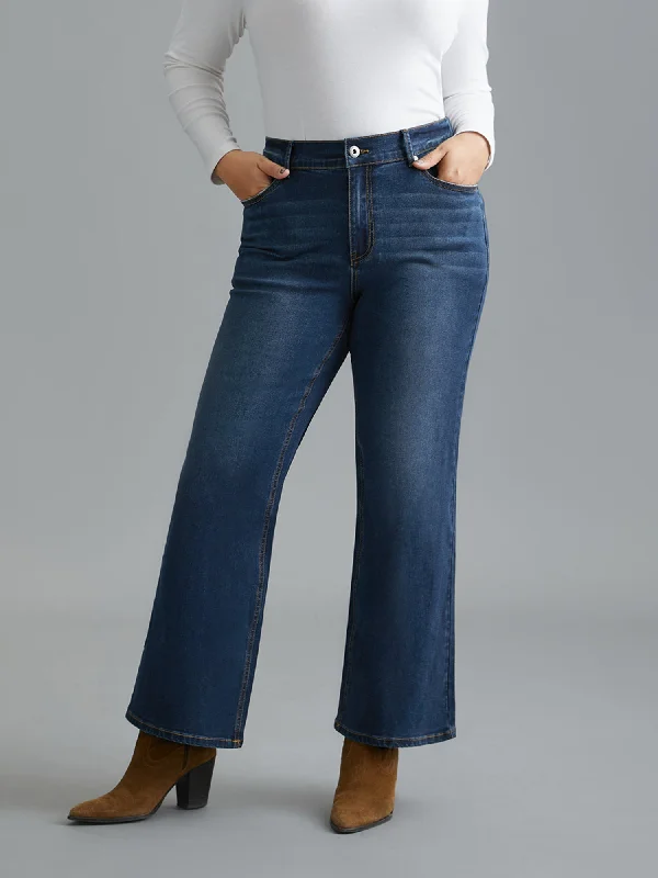 Dark Wash Elastic Waist Flared Mid Rise Jeans