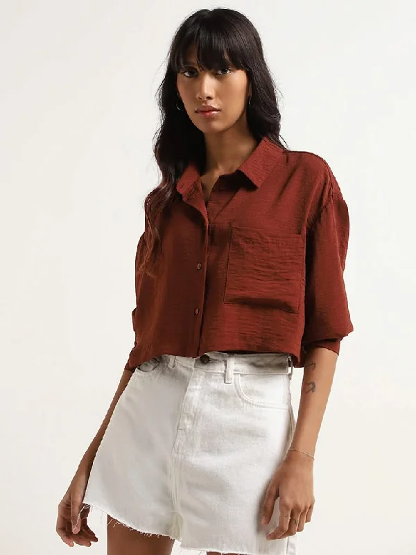 Nuon Brown Crinkled Crop Shirt