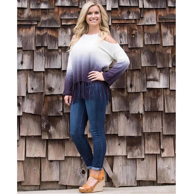 Ombre Cold Shoulder Fringe Sweater, Navy