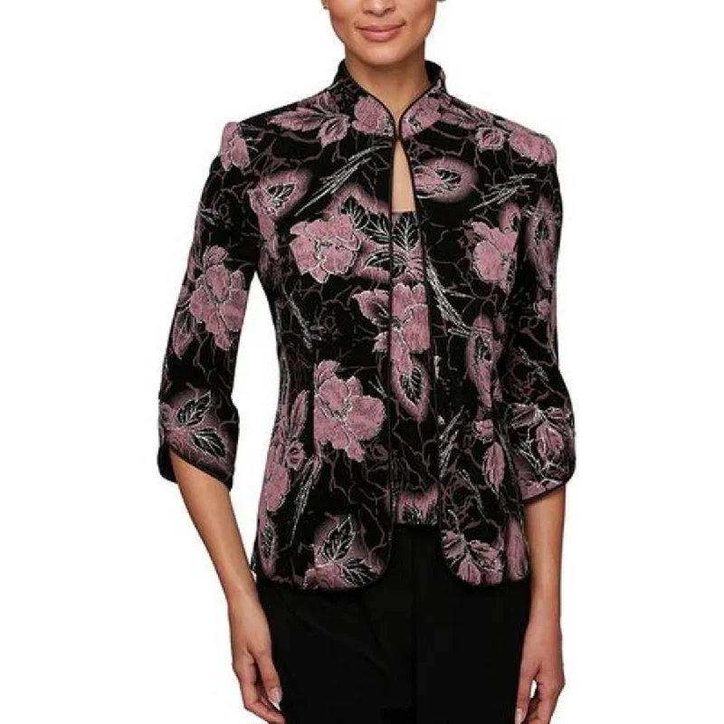 Alex Evenings Womens Petites Glitter Floral Print Collarless Blazer