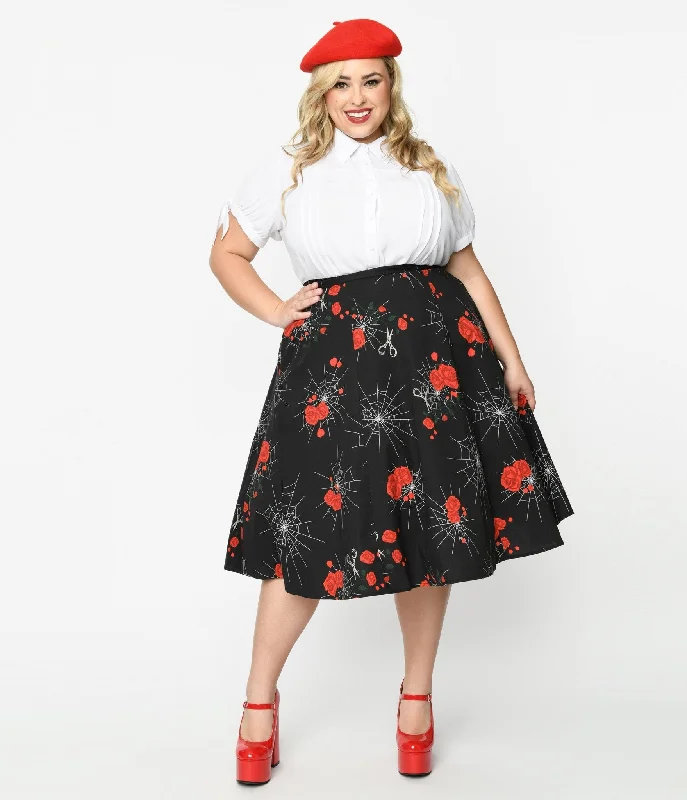 Collectif 1940s Black Spinners Web & Roses Swing Skirt