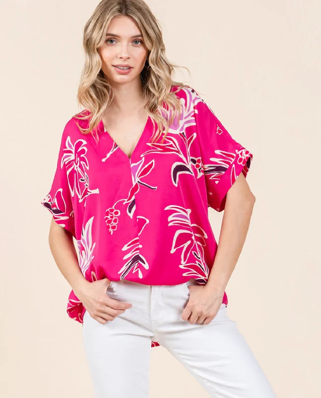 Floral Print V-Neck Dolman Top