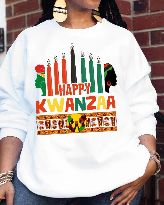 Women's Round Neck Happy Kwanzaa Printed Long Sleeve Sweatershirts